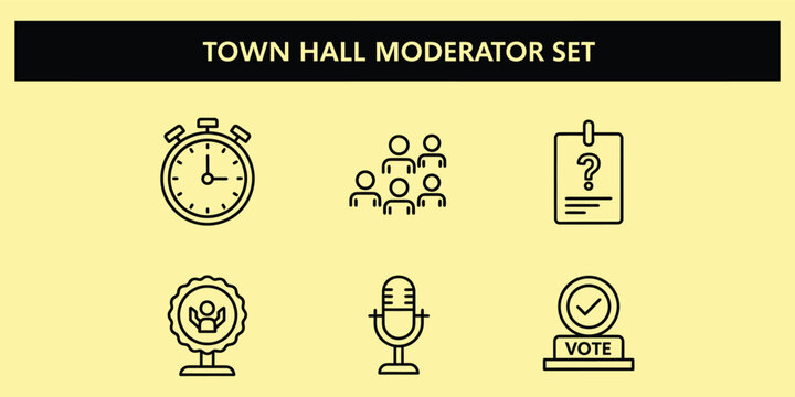 Town Hall Moderator Icons Set With Stopwatch Microphone And Voting Emblem In Simple Vector Silhouette Style