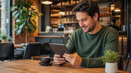 Obraz premium Man in green sweater sitting at a cafe table smiling while using a tablet, with a coffee cup and potted plant nearby