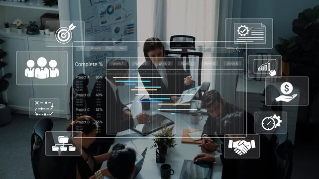 A group of professionals engage in a business meeting with digital displays of project management tools, analytics, and team collaboration in a modern office space. Raster