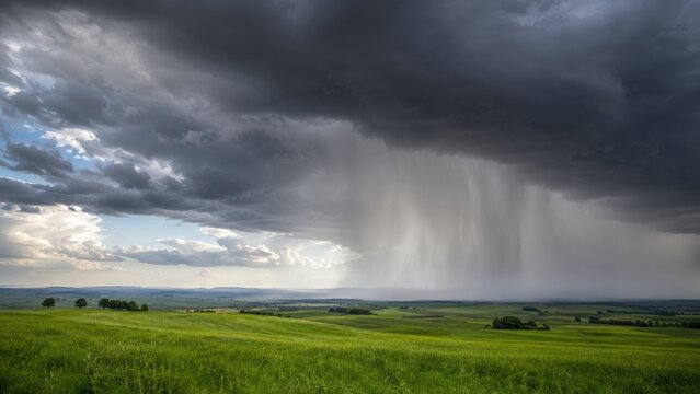 Dramatic thunderstorm with heavy rain shaft over green rolling fields under dark brooding clouds