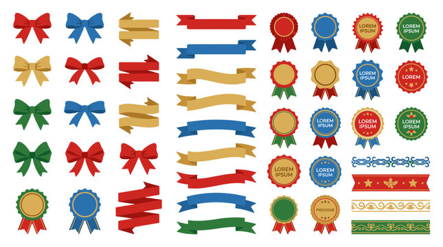 Colorful ribbon, bow and badge vector icon set on white
