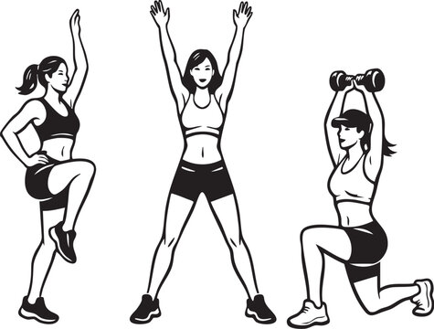WebSet of three black fitness silhouettes showing high‑knee march, jumping jack, and dumbbell lunge isolated on white background