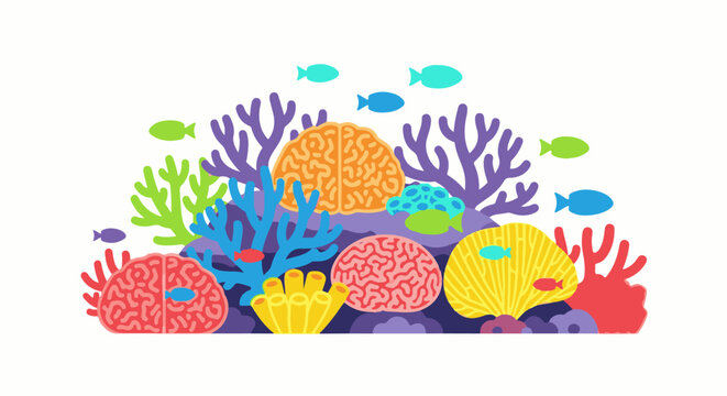 Colorful coral reef with brain-shaped formations and small fish swimming around