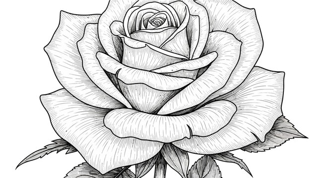 Detailed black and white line art drawing of a single blooming rose flower.