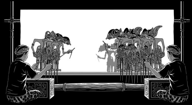 Traditional Indonesian Wayang Kulit shadow puppet performance with two puppeteers.