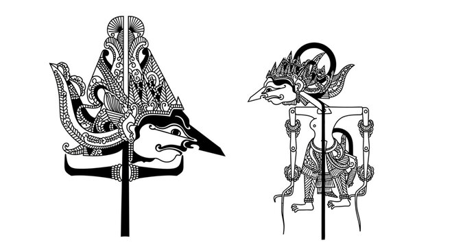 Traditional Indonesian Wayang Kulit Shadow Puppets Black and White Illustration.