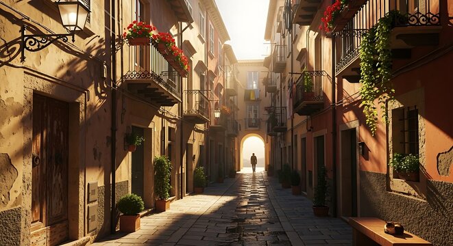 Peaceful narrow street in an old european city during golden hour