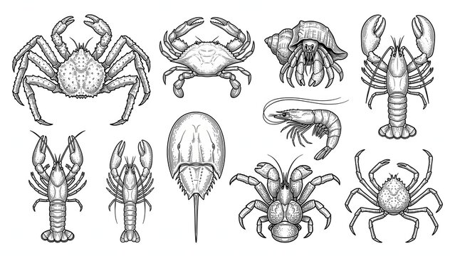 Vintage engraving illustration set of marine crustaceans and arthropods, crab, lobster, shrimp, horseshoe crab, hermit crab, monochrome line art on white background