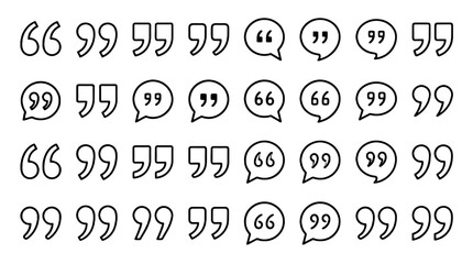 Obraz premium Outline quotation mark and speech bubble icon set