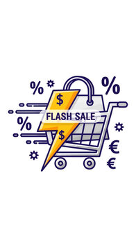 Flash Sale Shopping Cart with Lightning Bolt and Currency Symbols