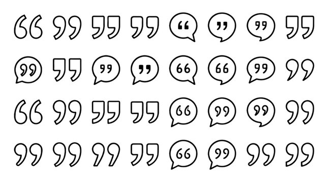 Outline quotation mark and speech bubble icon set