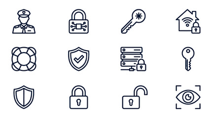 Fototapeta premium Security and cybersecurity line icons set with locks and shield