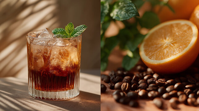 Cold Coffee Drink with Orange and Mint: A refreshing cold coffee beverage with ice, mint, and a hint of orange zest, accompanied by whole coffee beans and a sliced orange.
