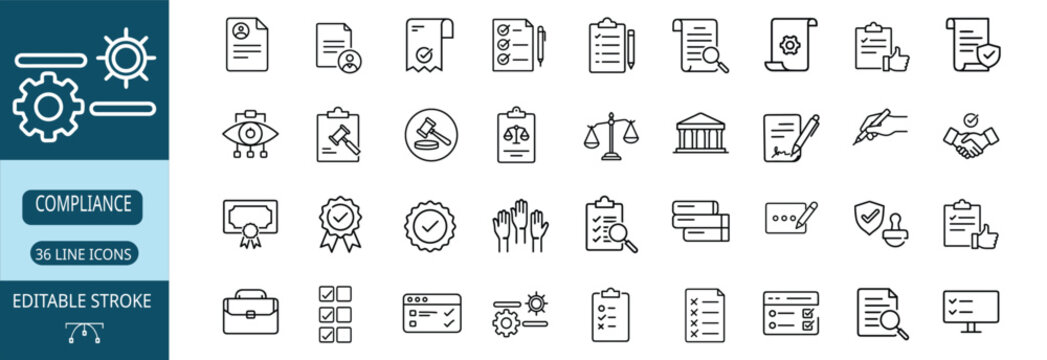 Business integration legal regulation agreement web line icons set operational compliance process structure checklist stamp badge certificate courthouse law gavel scale & more with editable stroke