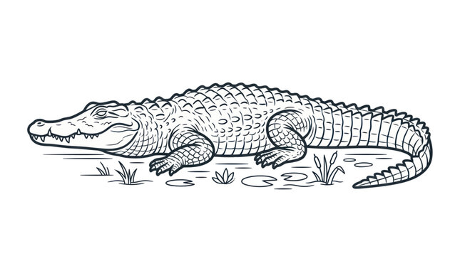 Detailed Line Drawing of a Relaxed Alligator Lying on the Ground
