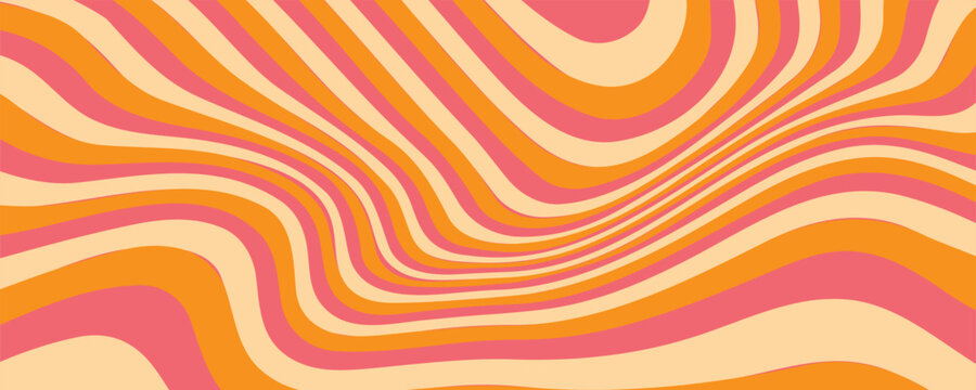 1970 Wavy Swirl Seamless Pattern in Orange and Pink Colors. Hand-Drawn Vector Illustration. Seventies Style, Groovy Background, Wallpaper, Print. Flat Design, Hippie Aesthetic.