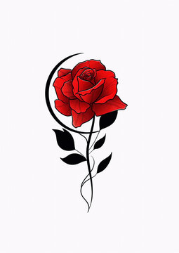 Malang East Java Indonesia I:10-June2026,Elegant red rose vector illustration featuring a single blooming flower with black stem and leaves. Romantic and decorative design ideal for tattoo art, greeti