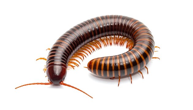 Curled millipede, brown with orange markings, showcasing its segmented body and numerous legs against a white background