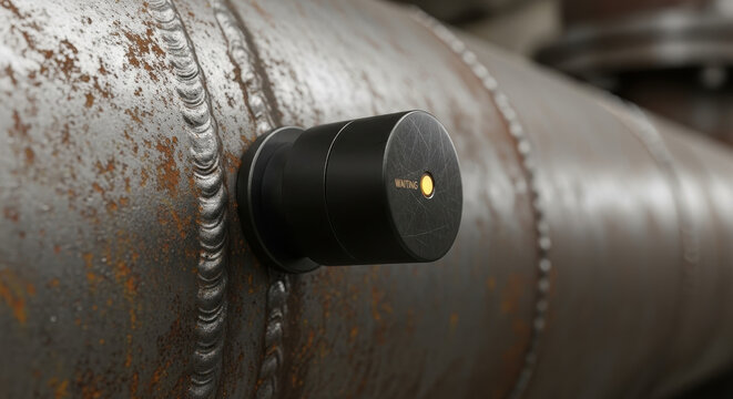 Industrial sensor magnetized on rusty metal pipe, corrosion texture closeup, cylindrical device on welded steel surface, precision monitoring equipment in heavy industry environment