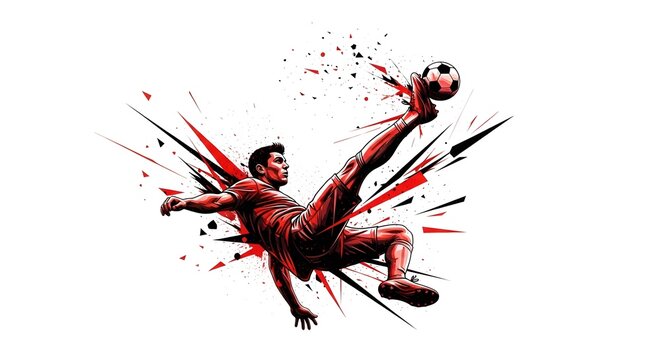 Geometric illustration of a soccer player doing a bicycle kick in mid-air, featuring dynamic red polygon shapes and abstract shards with a football isolated on a bright white background