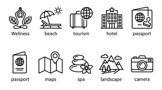 Resort hotel travel and wellness line icon set