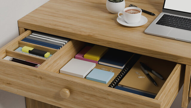 3D Render of Organized Wooden Desk Drawers with Stationery, Laptop, and Coffee Cup Home Office Setup