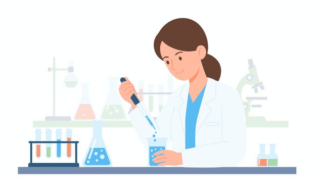 A diligent female scientist uses a precise pipette to transfer blue liquid into a glass beaker in a clean, modern, well-equipped laboratory.