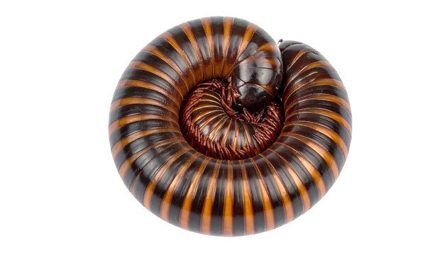 Curled millipede close-up macro shot of a brown & black striped millipede curled into a tight spiral on white