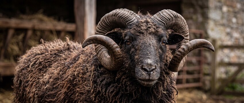 rare heritage sheep breed with distinctive curled horns and textured wool