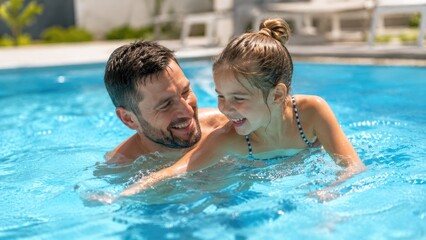 Fototapeta premium Father and daughter smiling and playing together in a backyard swimming pool on a sunny summer day