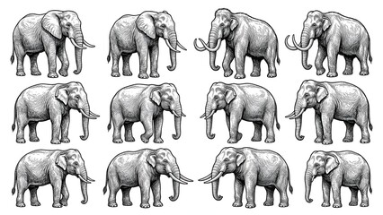 Detailed engraving vector illustrations collection of various elephants and mammoths, vintage style monochrome sketches, isolated on white background
