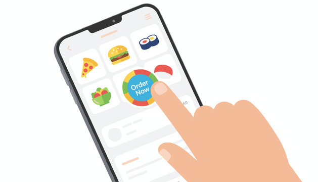 A finger taps the order button on a food delivery app interface, showcasing seamless user experience and digital commerce technology.