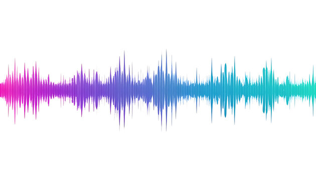 Colorful sound wave visualization, audio waveform with purple to blue gradient on white background, representing music and sound