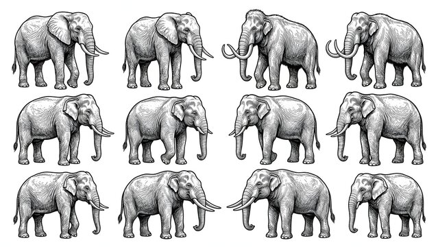 Detailed engraving vector illustrations collection of various elephants and mammoths, vintage style monochrome sketches, isolated on white background