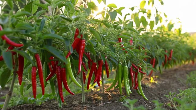 Tracking shot of vibrant red and green chili peppers hanging on lush plants in outdoor garden field