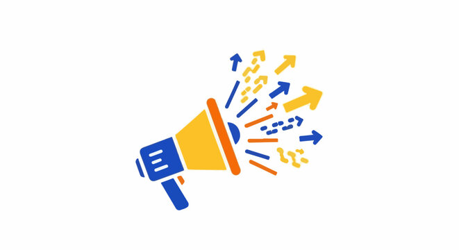 A stylized megaphone emits numerous arrows and dots in blue, orange, and yellow, indicating outward communication