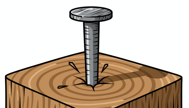 A metallic nail with a circular head is embedded into a sturdy wooden block, demonstrating precise construction and carpentry techniques.