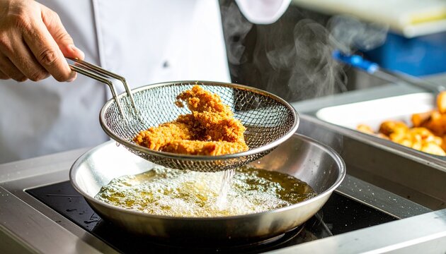 A chef lifting crispy golden brown fried chicken from hot oil using a metal mesh strainer spoon above a stainless steel pan, draining excess fat in a professional kitchen