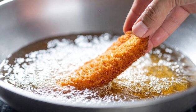 Close up of cooking crispy breaded meat in hot boiling oil inside a frying pan, hand deep frying a golden brown chicken breast cutlet or pork schnitzel