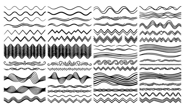 Abstract Wavy Graphic Line and Zigzag Divider Vector Set with Creative Monochrome Scribble Ripples and Curved Dividers for Modern Layout Designs