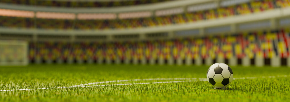 3D Render Football on Green Grass Field in Stadium with Colorful Seats World Cup Concept Illustration