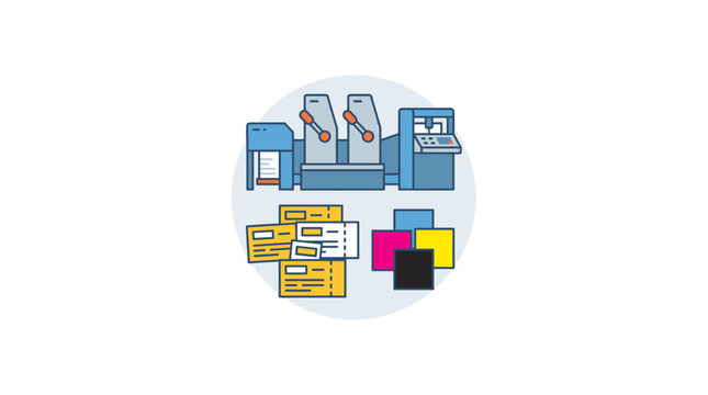 Compact vector illustration of a printing press and printed samples