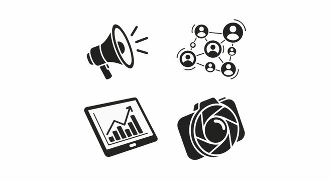 Four icons megaphone, network, tablet graph, and camera lens