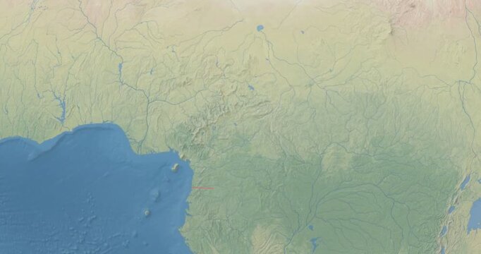 Cameroon on Globe. Zoom into the country with Earth spinning on dark background. Physical world map with Cameroon and label on it. Country view animation.