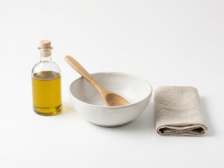 Fototapeta premium Natural Skincare Preparation: A simple set of ingredients for homemade skincare - a bottle of olive oil, a ceramic bowl with a wooden spoon, and a linen cloth.