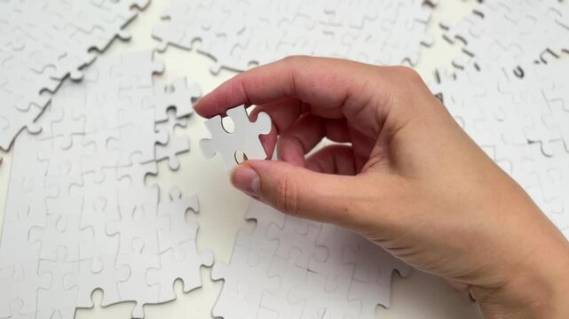 Hand putting the last piece of a white jigsaw puzzle together