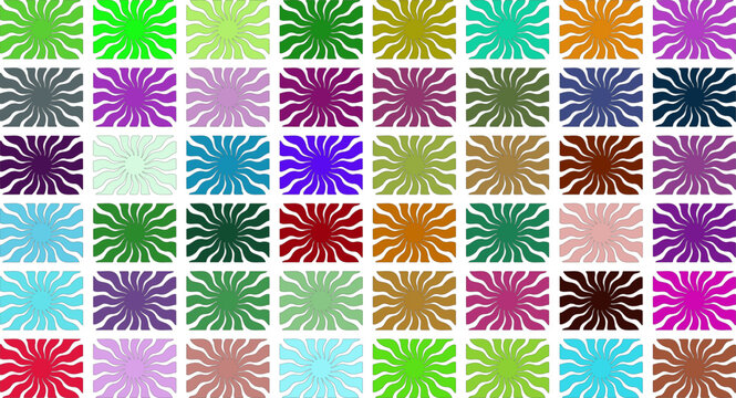 Colorful sunburst patterns vector illustration with diverse radial beams in rectangular grid layout isolated on transparent background for creative design projects.