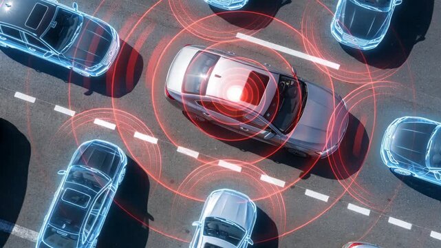 An aerial view showing a car using sensors and radar technology to detect surrounding vehicles.