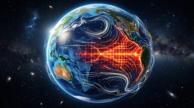 Planet earth globe with glowing red ocean currents illustrating the el nino warming effect. Climate crisis, global warming and meteorology data