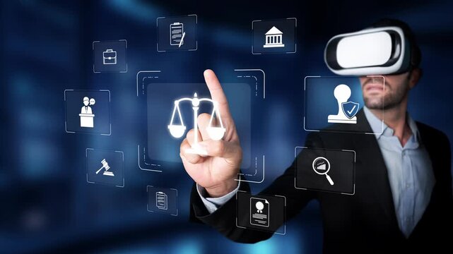 A professional man engages with digital legal icons using a virtual reality headset, symbolizing the intersection of technology and the legal field in modern governance. Raster